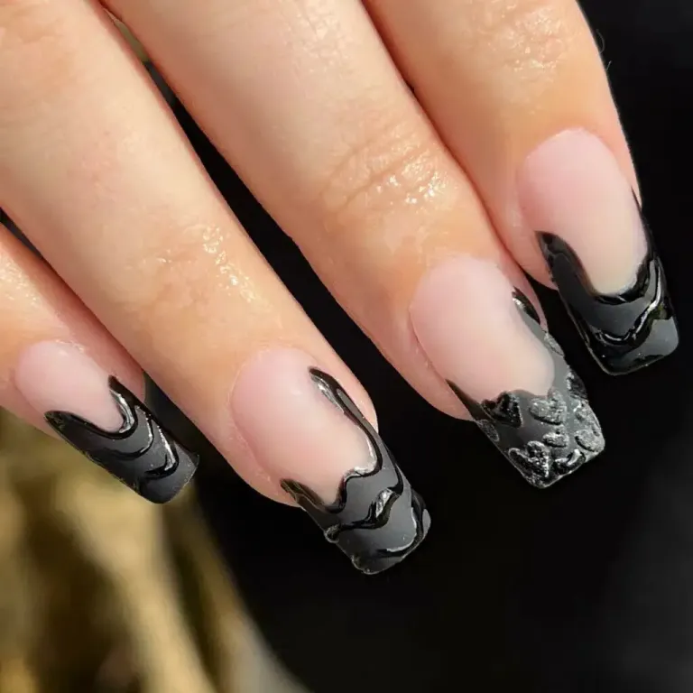 Closeup woman hand with dark gray and black nail polish on fingernails. Nail  manicure with gel polish at luxury beauty salon. French manicure. Nail art  and design. Female hand model. Generative AI.